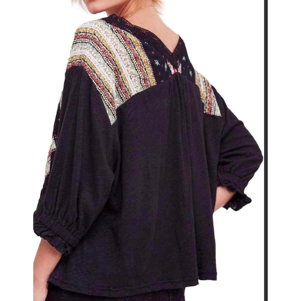 Free People Prairie Days Mixed Print Linen Blouse Black Floral Lace XL Oversized
